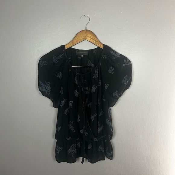 Corel Lynn Calter Women's Short Sleeve Blouse Wrap Top Bird V Neck Black Size 10 - Picture 1 of 7